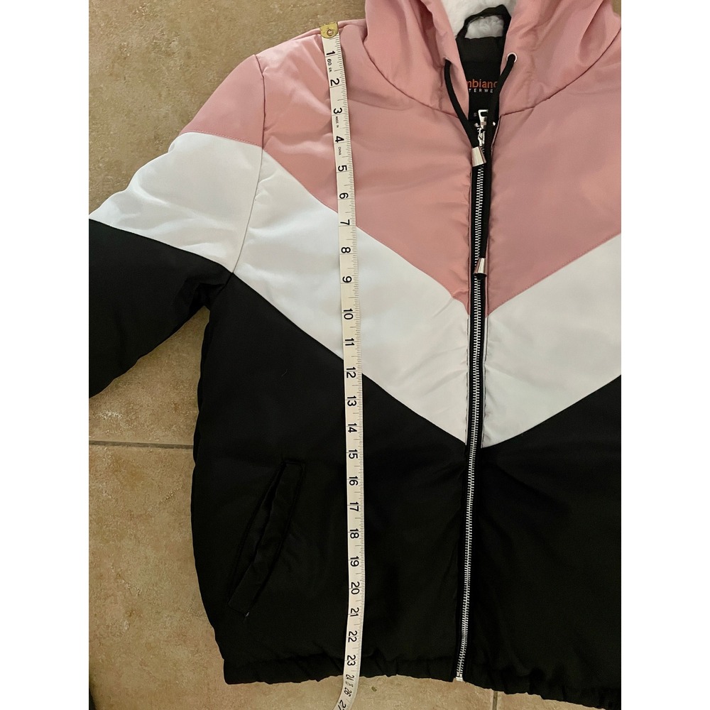 Pink White Black Chevron Colorblock Faux Fur Hooded Puffer Jacket Size S - Picture 7 of 10